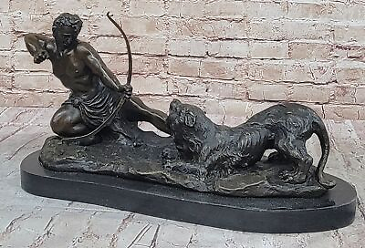 #ad Large Size Bronze Statue Nude Warrior Man Fighting Lion Sculpture Art Deco Gift $299.50