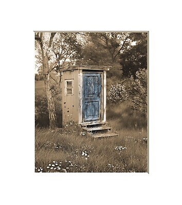 #ad Brown Blue Rustic Home Decor Outhouse Wall Art Bathroom Matted Handmade Print $16.99