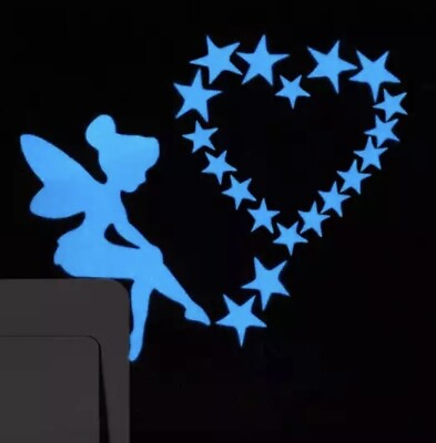 #ad NEW Blue Glow In Dark Sitting Tinker Bell Fairy 19 Stars Vinyl Wall Stickers $8.99