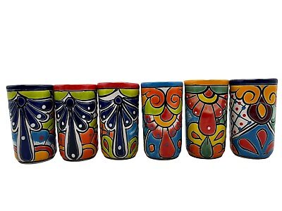#ad Talavera Tumblers 6pc Cups Mexican Pottery Folk Art Kitchen Decor Multicolor 5.5 $113.00