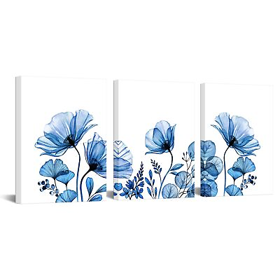 #ad Navy Flower Canvas Wall Art 3 Piece Blue Floral Painting Prints Picture Moder... $43.62