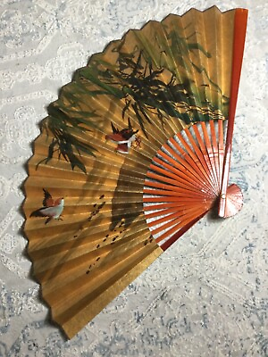 #ad Vintage Oriental 3 Birds Bamboo Large 40”x 24” Folding Wall Fan Hand Painted Art $39.99