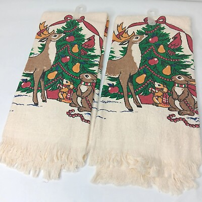 #ad Cecil Saydah Towel Pair Christmas Fringe Vintage Kitchen Tree Reindeer New READ $18.39