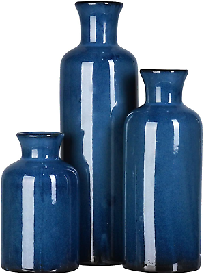 #ad Ceramic Vase Set Home Decor 3Pcs Modern Rustic Boho Geometric Blue Flowers Vas $59.51