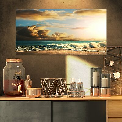 #ad Design Art PT10462 32 16 Green Sea Cloudy Sky Modern Beach Canvas Art Print 3... $55.82