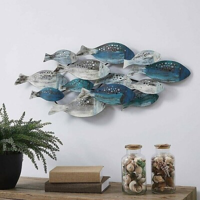 #ad #ad Coastal Wall Decor Tropical Bathroom School Of Fish Beachy Blue Gray Sculpture $84.95