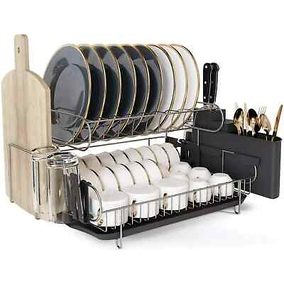 #ad 2 Tier Stainless Steel High Capacity Dish Drying Rack Set Kitchen Black $35.00