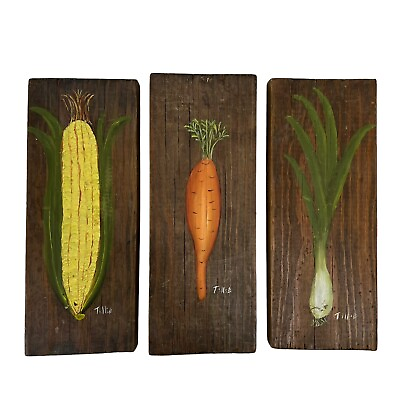 #ad Vtg Hand Painted Wood Hanging Wall Art Kitchen Garden Decor Corn Carrot Onion $29.94