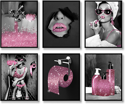 #ad #ad Fashion Wall Art Bathroom Decor Prints Set of 6 Pink Black and White Glam Glitte $30.89