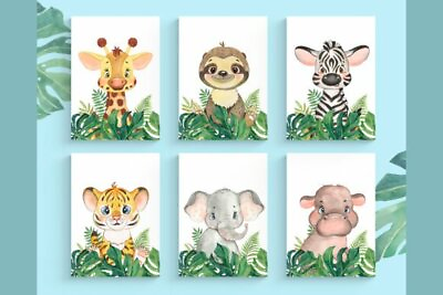 #ad Set of 6 Safari Animal Prints. Wall Decor. UNFRAMED Jungle nursery bedroom $14.99