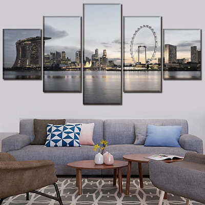 #ad Singapore City Skyscrapers Skyline Clouds Framed 5 Piece Canvas Wall Art $189.00