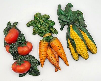 #ad Vintage RETRO Handpainted Ceramic Kitchen Wall Decor Set Of 3 Vegetables $23.25