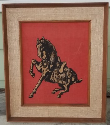 #ad Vintage MCM Han Palace Art LTD Tang HORSE BATIK framed $55.00