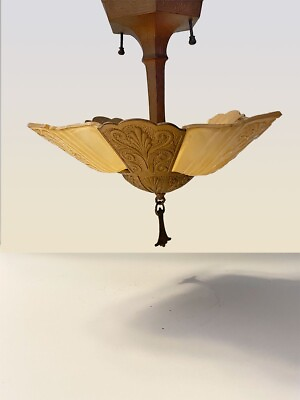 #ad Vintage Art Deco 3 Light Slip Shade Ceiling Light Fixture Chandelier $510.00
