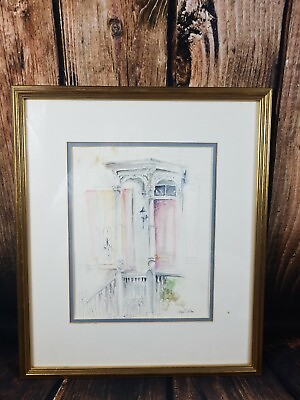 #ad Architecture Porch Art Home Sketch Drawing Watercolor Signed Framed Matted vtg $55.00