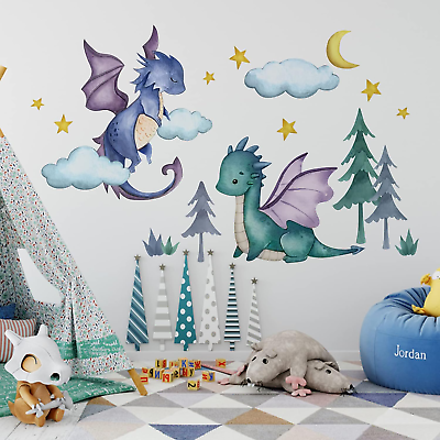 #ad Baby Dragon Wall Decals Stickers Moon Stars Clouds Forest Nursery Playroom Deco $27.99