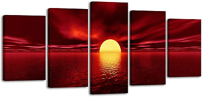 #ad Red Sun Canvas Prints Wall Art Ocean Sea Beach Pictures Paintings Ready to Hang $78.08