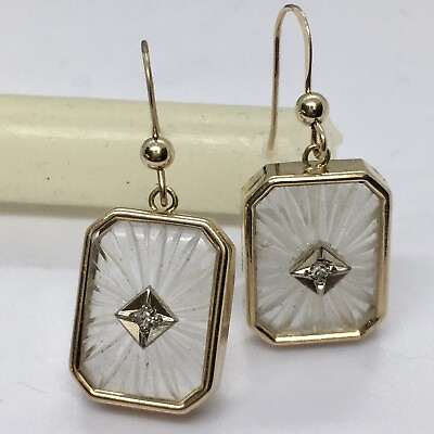 #ad Art Deco Style 14k Yellow Gold Camphor Glass Diamond Earrings $725.00
