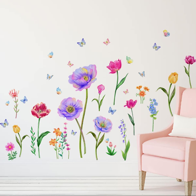 #ad Flowers Wall Decals Spring Butterfly Flower Wall Murals Stickers Removable DIY P $18.61