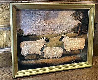 #ad Vintage Primitive Folk Art Crackled English Sheep Art Schneeman Picture Framed $29.99