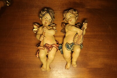 #ad VTG 12quot; PAIR HAND CARVED WOOD FLYING ANGEL CHERUB PUTTO WALL FIGURE STATUE GIFT $432.00