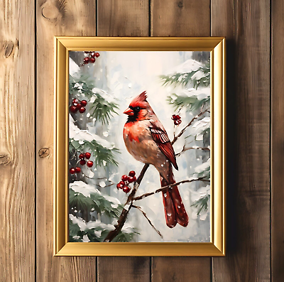 #ad Winter Cardinal Print Wall Art Snowy Red Bird Winter Forest Painting $9.95