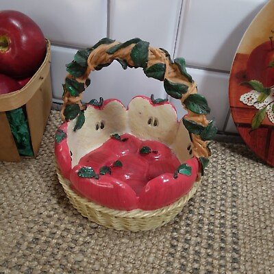 #ad Vtg Ceramic Apple Fruit Basket Leaf Handle Farmhouse Country Kitchen Decor 5.5quot; $14.99