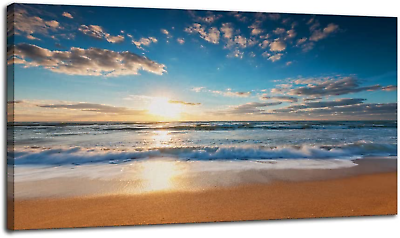 #ad Large Beach Wall Art Canvas Sunrise Ocean Painting Wave Picture Seascap $51.99