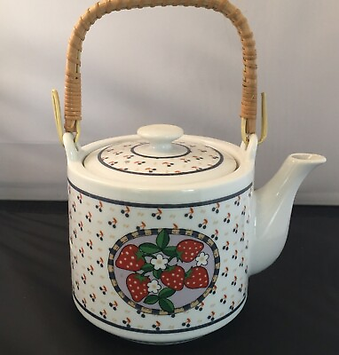 #ad #ad 1980 Wicker Handle Teapot Decor Kitchen Blue And Strawberries $20.00