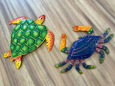 #ad Beach Tropical Wall Art Metallic From Haiti Sea Turtle And Crab $29.99