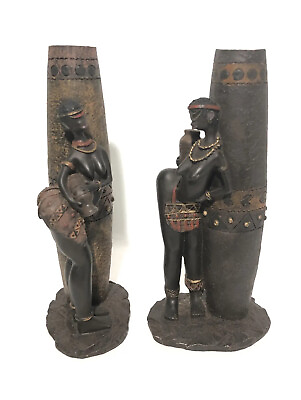 #ad African Tribal Folk Art Vase Set 2 9” Resin Bud Vases. Big Butt Booty $32.00