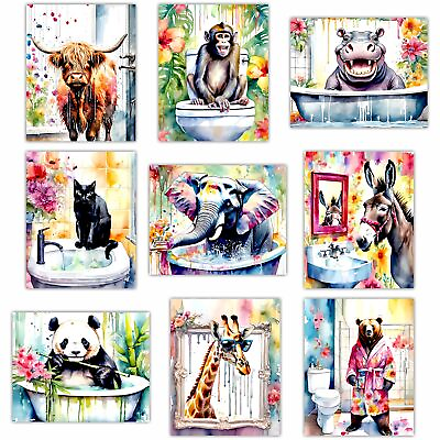 #ad Funny Animal Bathroom Wall Decor Watercolor Elephant Bear Giraffe Black Cat... $23.73