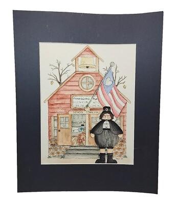 #ad Watercolor Thanksgiving School Primitive Rustic Watercolor Art Signed Tress 93#x27; $21.49