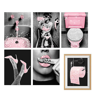 #ad Fashion Toilet Girl Women Pink Fashion Wall Poster Wall Painting Pink and Grey $14.12