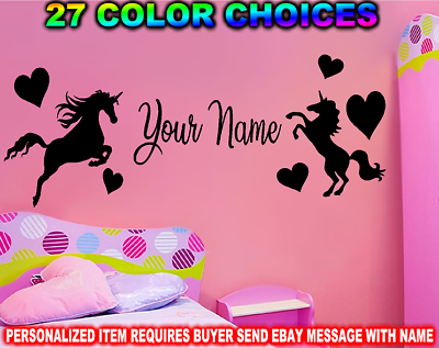 #ad UNICORN HEARTS PERSONALIZED NAME DECAL STICKER GIRLS WALL ART HEY GIRLIE FANTASY $9.97