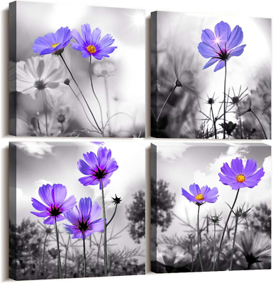 #ad Canvas wall art for bedroom Black and white landscape purple flowers bathroom wa $46.09