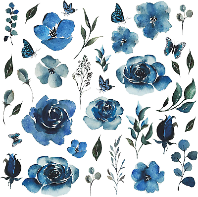 #ad #ad 4 Sheets Watercolor Blue Roses Wall Decals Art Flowers Wall Stickers Removable H $15.17