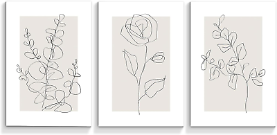 #ad Black White Botanical Flower Canvas Wall Art 3 Piece Modern Floral Sketch Drawi $43.66