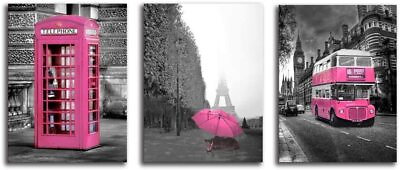 #ad Pink Paris Theme Room Decor Wall Art Paris Eiffel Tower Bedroom Black Pink Set 3 $21.99