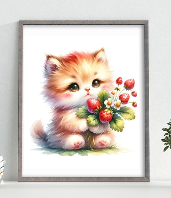 #ad Cat Wall Art Print Kitten With Strawberries Art Print Wall Art Decor $9.99