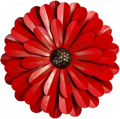 #ad Modern Large Red Metal Flower Wall Hanging Handmade Painted Engraved Art Decor $44.00