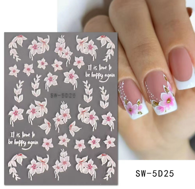 #ad 5D Embossed Flowers Nail Stickers Pink Cherry Blossom Engraved Flower Sunflower $2.95