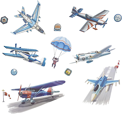 #ad #ad Vintage Airplane Wall Decals Biplane Parachutist Helipad Wall Art Stickers 33X32 $17.63
