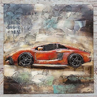 #ad Luxury Sports Car Orange Lamborghini Ferrari Mixed Media 3D Wall Art Painting $249.00