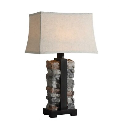 #ad 1 Light Rustic Table Lamp with Faux Stacke Stone and Metal Base includes a Beige $305.80