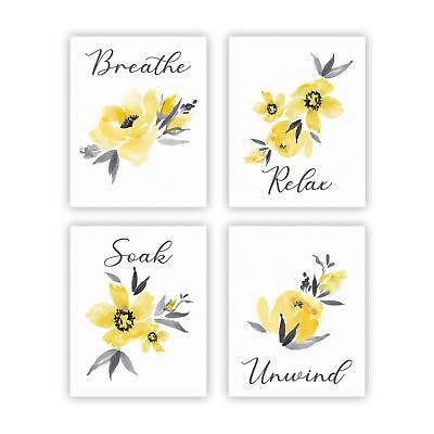 #ad Yellow and Grey Bathroom Decor Flower Wall Art Relax Soak Unwind Breathe Pict... $19.68