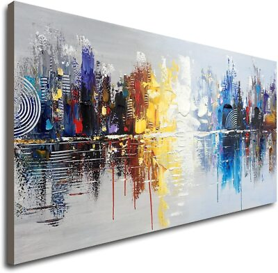 #ad Oil Painting Hand Cityscape Modern on Canvas Reflection Wall Decor 48 x 24 inch $210.00