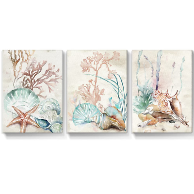 #ad Coastal Wall Art Canvas Paintings Shell Starfish Coral Conch Picture Watercolor $91.60
