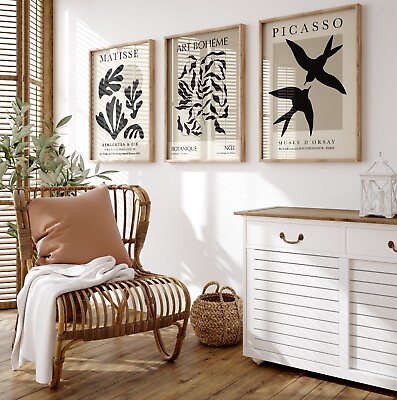 #ad Set of 3 Exhibition Posters Neutral Black Wall Art Matisse Artist Gallery Wall GBP 17.99