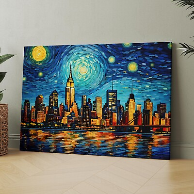 #ad New York City Van Gogh Starry Night NYC City Skyline Canvas Wall Art Print $69.00